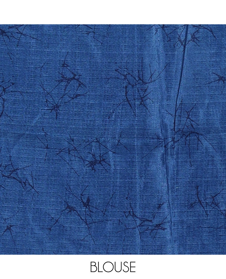 Borderless white-blue batik-style floral big printed khadi cotton saree, purple batik printed blouse