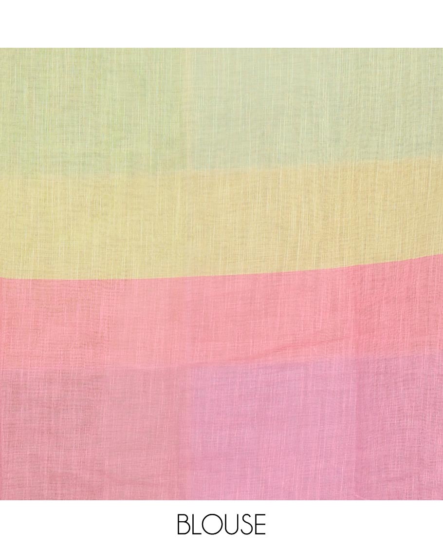 Borderless multi colour colorful big checked geometric theme printed linen saree, striped pallu and contrast plain blouse