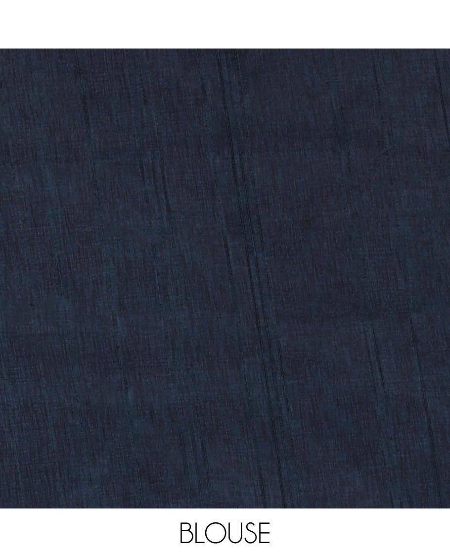 Borderless Indigo blue shibori-printed jute tussar silk saree, contrast shibori-printed pallu & contrast blouse