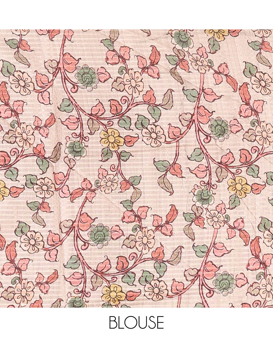 Borderless rust ombre style dyed and floral vine design semi tussar saree, contrast kalamkari printed pallu and blouse