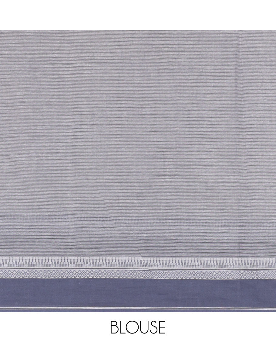 Chikku-grey floral, and dear motifs printed mangalagiri cotton saree, contrast resham thread traditional temple border of Madhubani floral-peacock print, printed pallu, and a contrast blouse