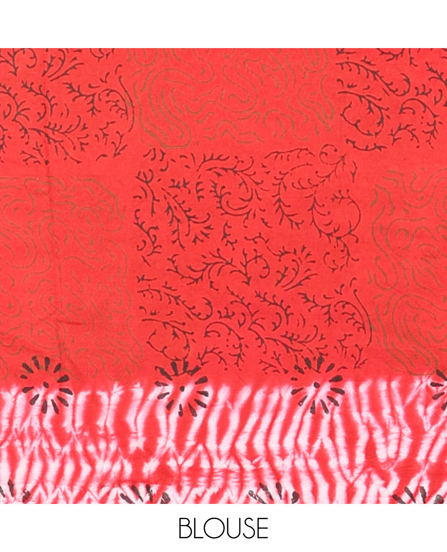 Red floral design mul mul cotton saree with contrast floral design border & intricate design pallu
