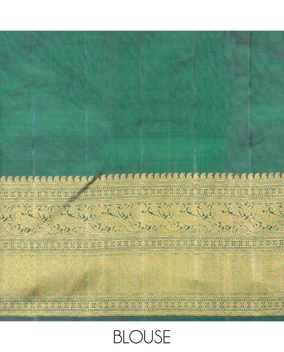 Green checked, floral design silk saree with self border of manga, paun, muth, kathir design & jaal design pallu