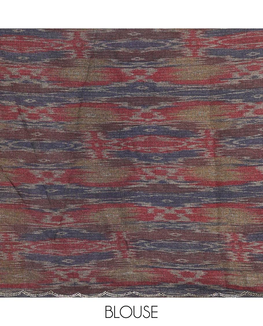 Black floral printed sitara shimmer saree, printed scallop swarovski stone work border & contrast digital printed blouse