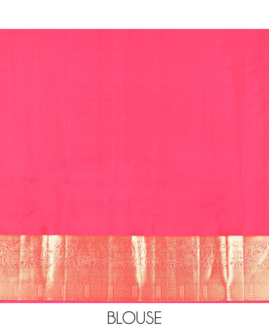 Orange floral jacqaurd kancheepuram silk saree with contrast intricate zari design border & checked floral design pallu