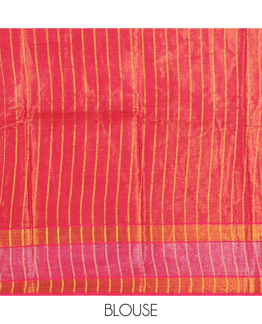 Pink gold zari tissue-style sungudi cotton saree, silver-lined border, silver-lined pallu & matching striped pink blouse