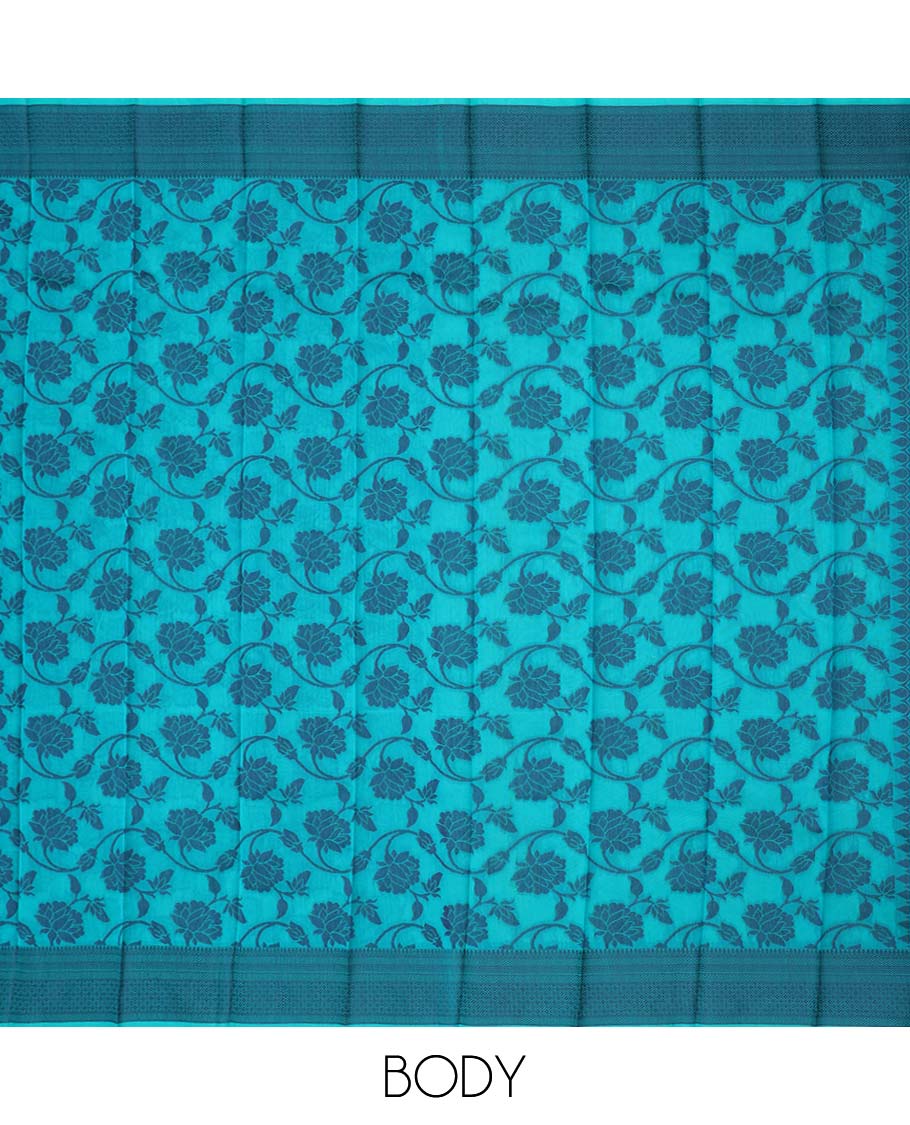 Blue floral vine design kora cotton saree with self intricate design border & floral enclosed checked design pallu