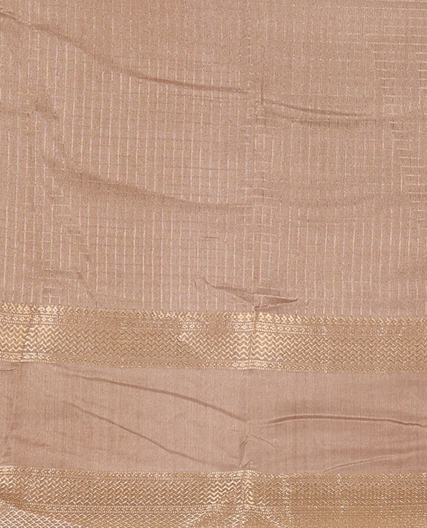 Brown Checked saree with contrast zari border and contrast striped pallu along with contrast blouse