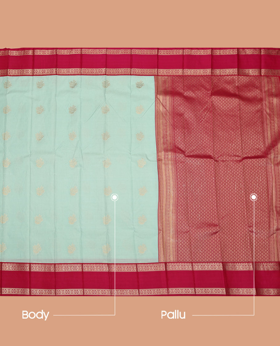 Turquoise Budget Silk Saree, Subtly Woven with Zari Buttas All Over Its Body, Complemented by a Contrast Traditional Zari Design Rettai Pettu Border, Pallu of Jaal Designs, and Paired with a Contrast Blouse