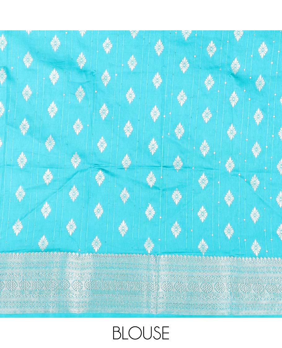 Pink with blue all over small water zari checks with contrast traditional border & contrast zari weaving rich pallu along with zari butta with sequins blouse