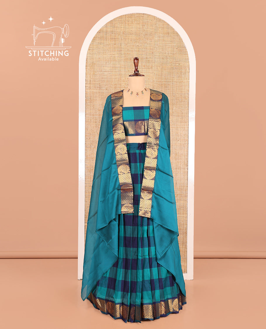 Rama-Navy Chettinad Cotton Half Saree Features Checked Skirt, a Paisley-Jaal Border, Matching Blouse, Contrast Dhavani