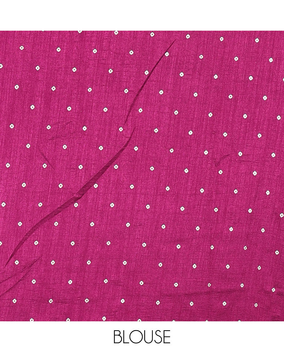 Borderless purple zig-zag stripes gold foil printed, scallop-edged rangoli chiffon saree with a matching bandhani dotted blouse