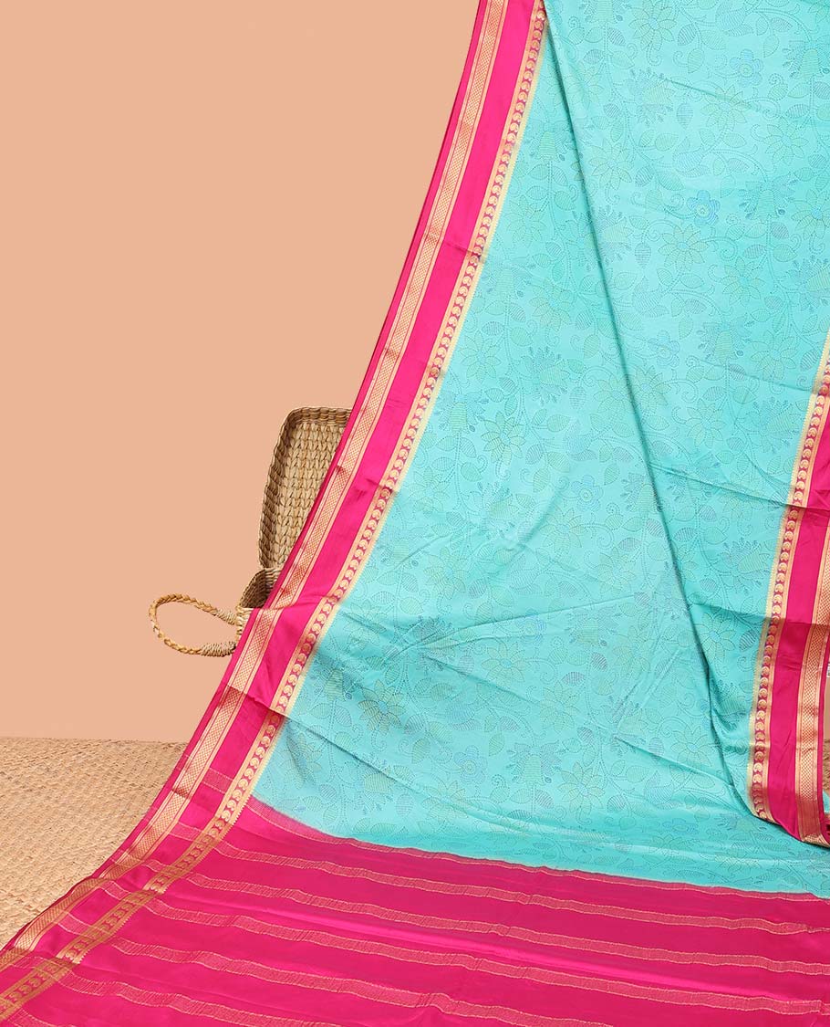Blue madhubani-style floral vine semi-banaras printed saree, contrast traditional design border & striped pallu