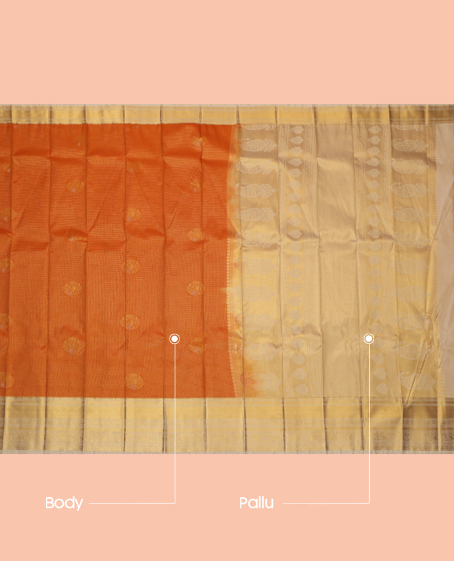 Orange Budget Silk Saree, Ornamented with Peacock Buttas and Checks, a Contrast Traditional Zari Border, an Intricate Pallu and a Contrast Blouse