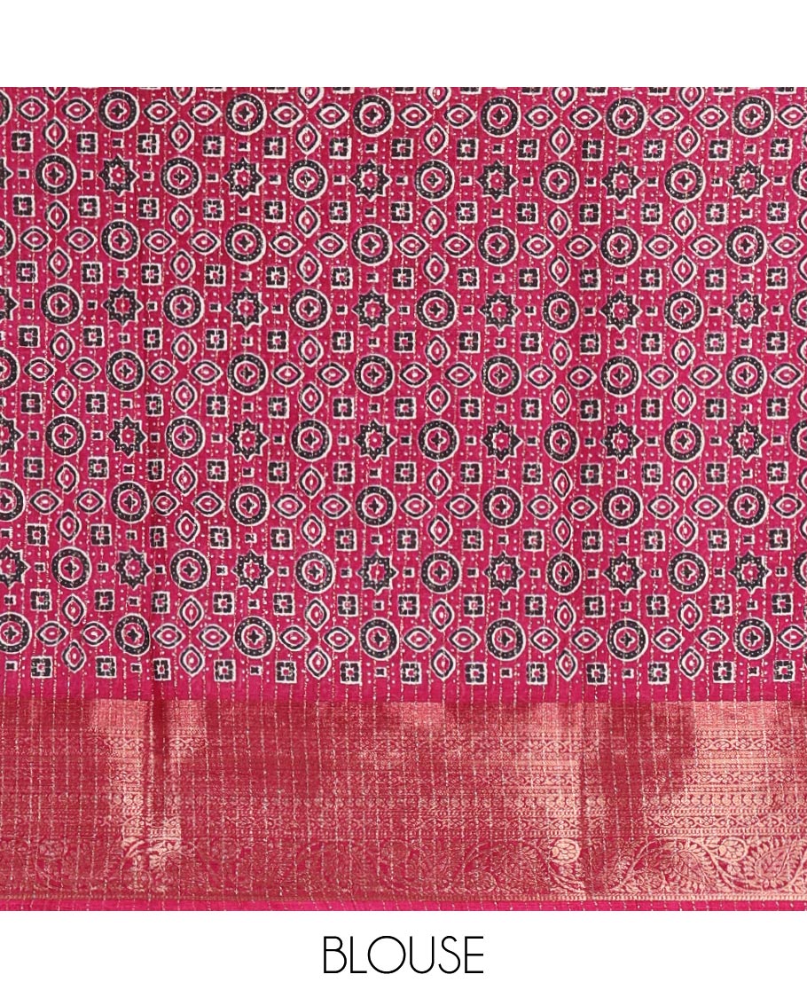 Cream-magenta zari striped dola silk saree, contrast traditional zari border of leaf creeper, Ajrakh printed pallu, and Ajrakh printed blouse