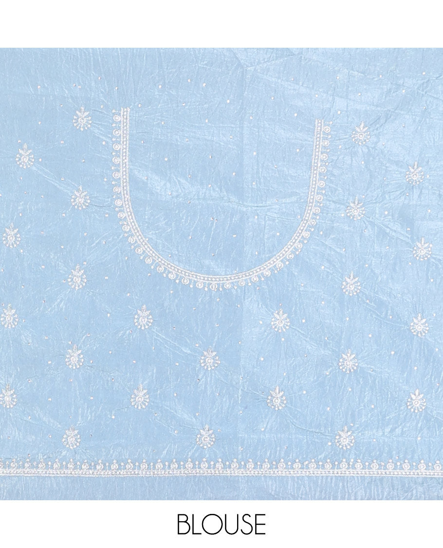 Light blue floral buttas embroidered half saree with self embroidered border, floral design blouse & floral buttas , scallop border dhavani