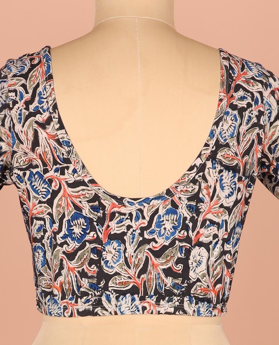Black Readymade Blouse Delicately Printed with Floral Motifs, Featuring a Front Round-Neck, a Back Round Neck, and Elbow Sleeves