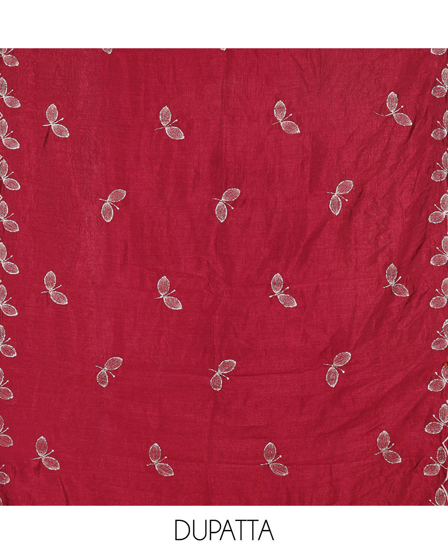 Wine Material Chudidhar Set, Highlighted with an Floral Motifs Embroidered on its Vichitra Silk Top, Plain Santoon Bottom, and Vichitra Silk Dupatta of Leaf Motifs Embroidery