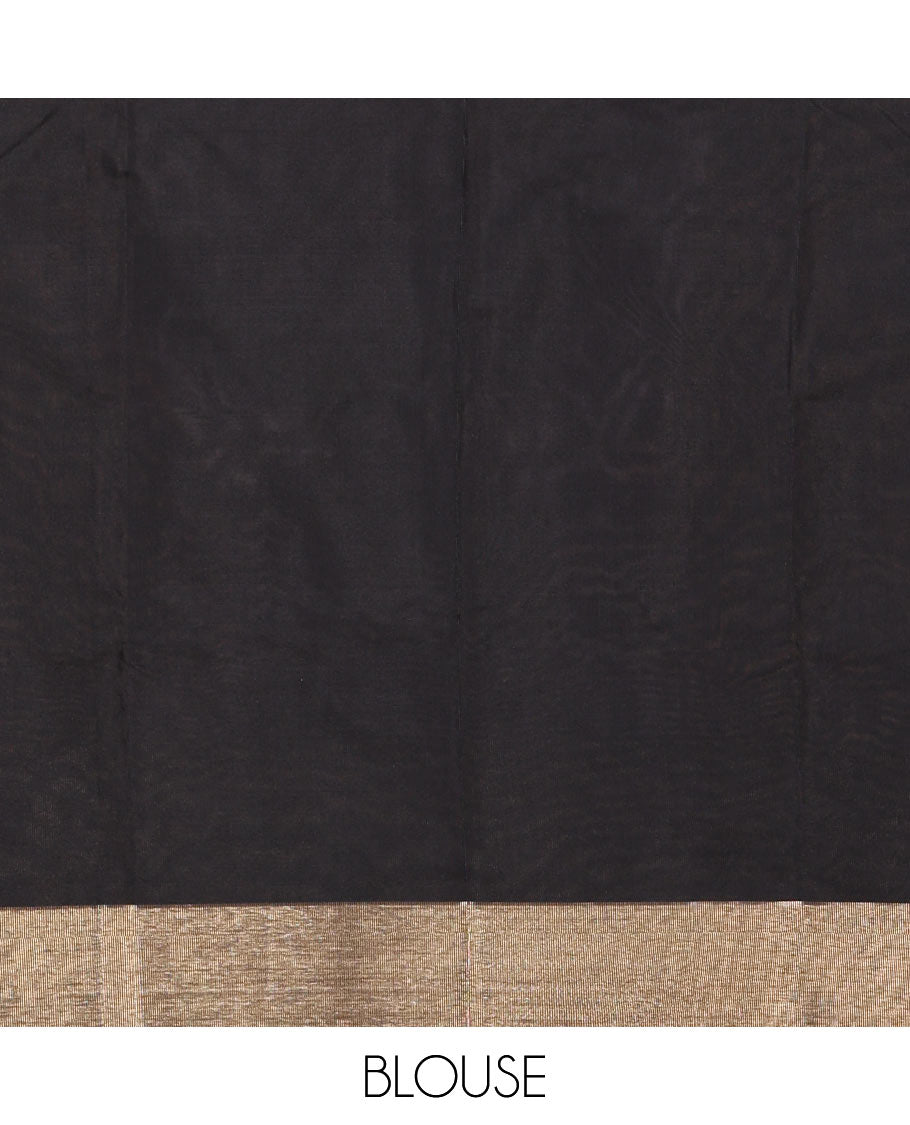 Black full-plain soft-mercerized cotton saree, zari bavanji border, striped pallu & plain blouse
