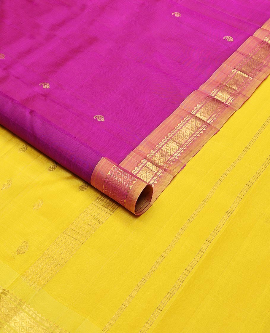 Pink paisley design kancheepuram silk saree with contrast rekku, banaras, checked design & floral design pallu