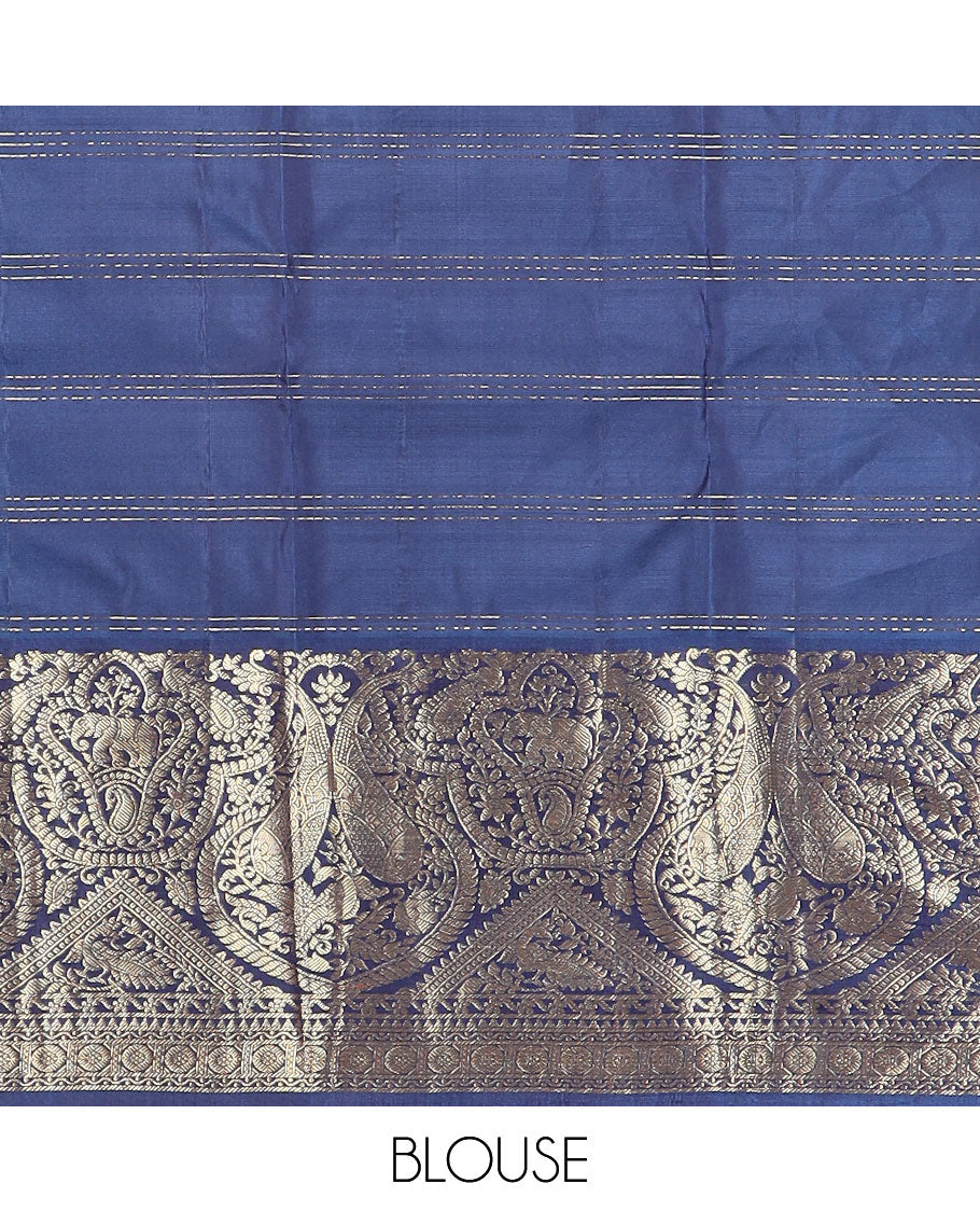 Light pink striped, floral design silk saree with contrast floral design border & floral enclosed checked design pallu