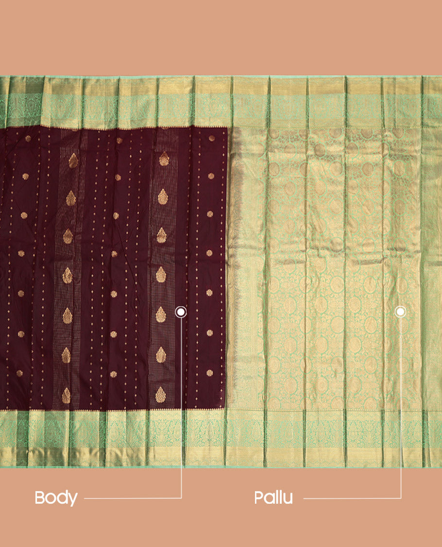 Maroon Budget Silk Saree, Ornamented with Zari Buttas, Contrast Traditional Zari Border, Grand Pallu, and a Contrast Blouse