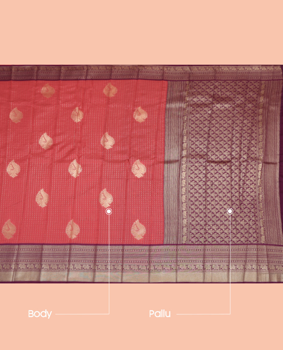 Terracotta Red Litchi Saree, Detailed with Zari Buttas, a Contrast Traditional Zari Border, Grand Pallu, and a Contrast Blouse