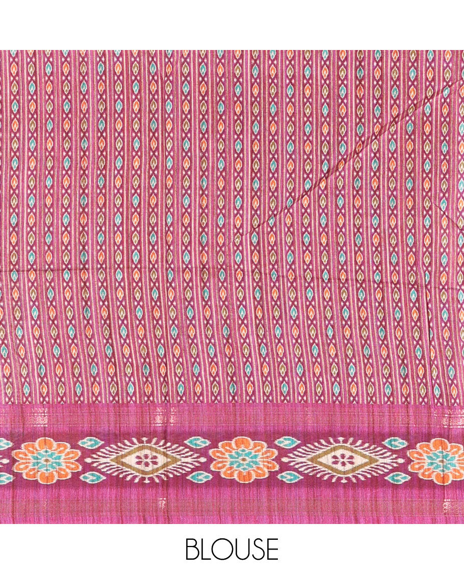 Chikku- purple plain Katan silk saree, contrast ikkat floral-geometric printed temple border, ikkat printed pallu, and ikkat printed blouse