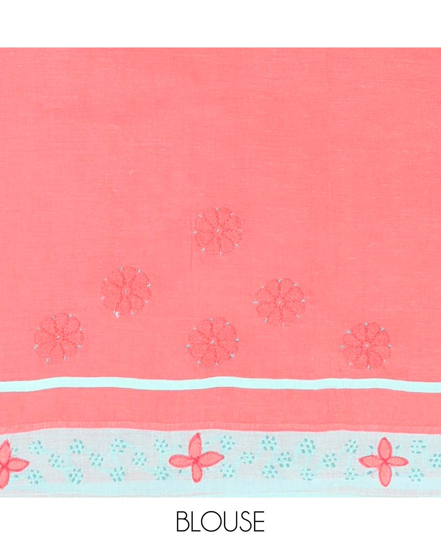 Pink floral embroidery lucknowi chikankari cotton saree,self scallop design border & pallu of floral, paisley embroidery