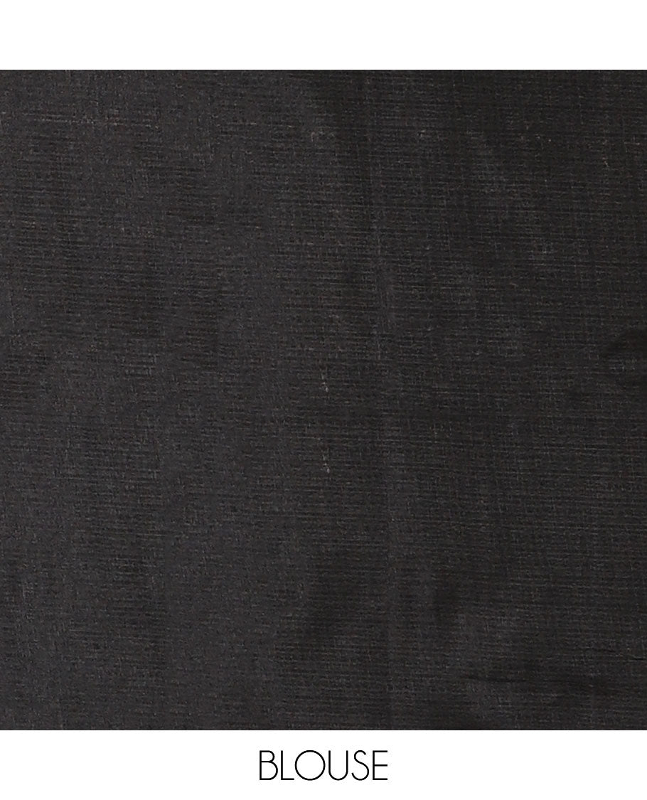 Black-base plain body khadi cotton saree with batik-style green-color radiant sunburst design on its border & pallu, plain black blouse