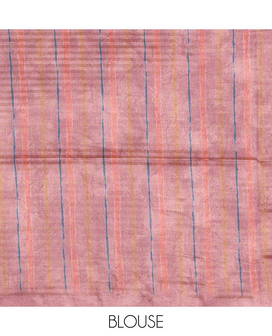 Borderless peach checked & stripes printed fancy tussar saree, contrast painting-style Indian woven motifs printed pallu & checked printed blouse