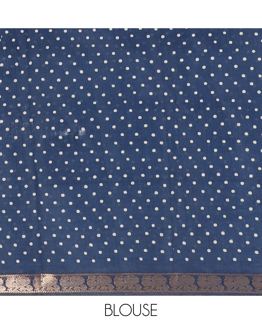 Blue shibori printed muslin cotton saree, contrast peacock zari border, village scenery printed pallu, and a contrast polka dotted zari border blouse