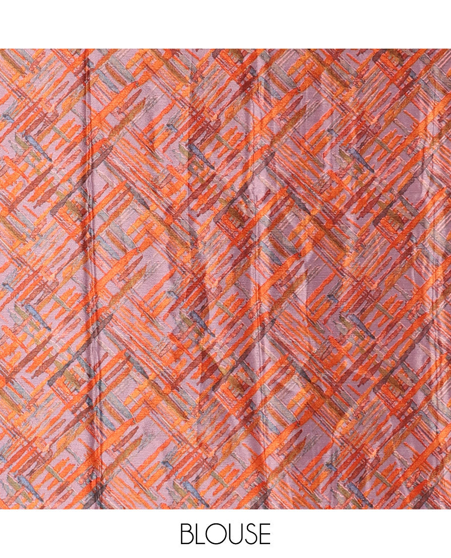 Peach abstract style geometric printed Turkey crepe saree, contrast border, and pallu of abstract textured print