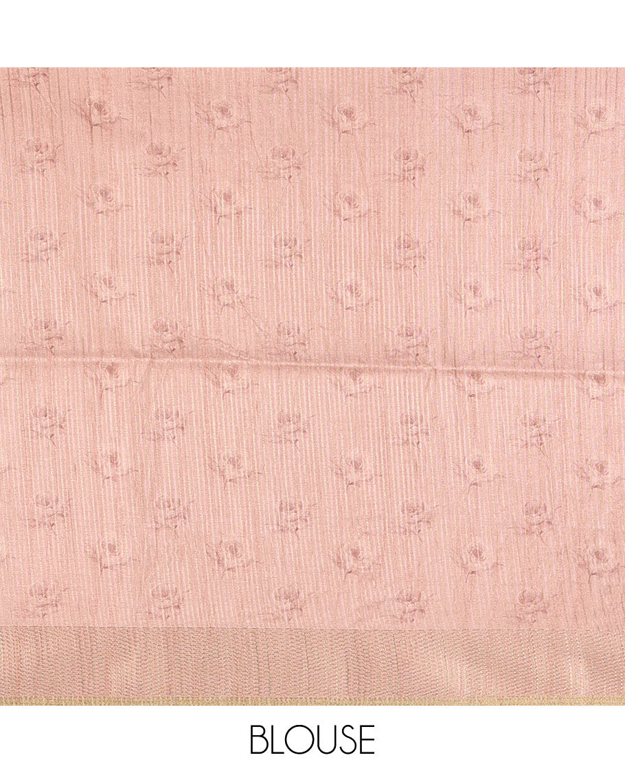 Light peach floral-leaf printed fancy tussar silk saree, zari woven border & zari striped pallu & matching stripes & floral printed blouse