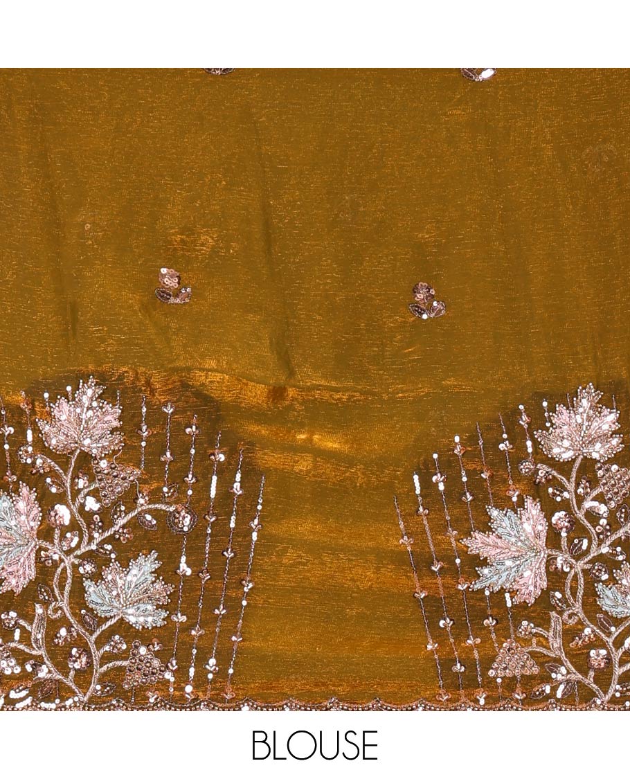 Mehendi green Swarovski stone work embedded fendy-chiffon saree, scallop lace border & floral mixed embroidered blouse