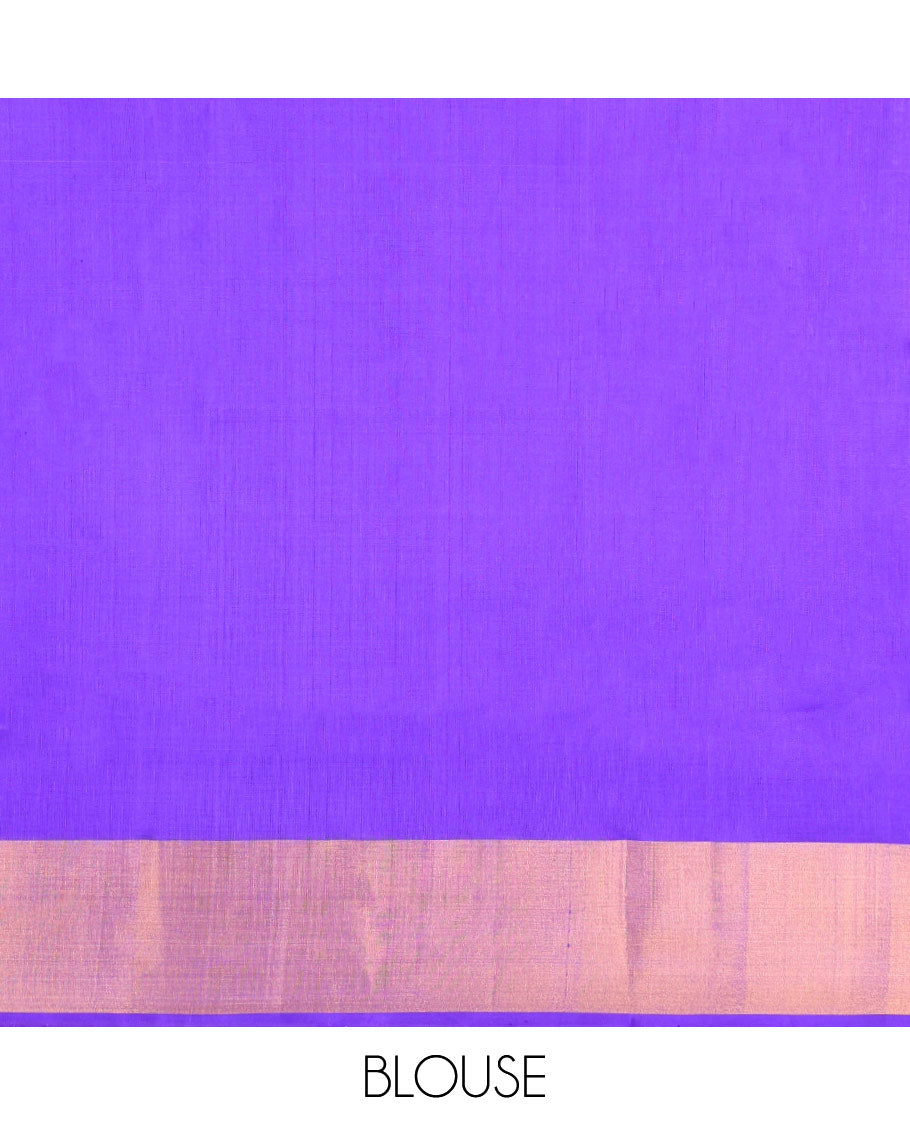 Violet Uppada Silk Saree, Adorned with Meena Floral Buttas on Its Body, Highlighted by Zari Bavanji Border, Pallu Steeped with Meena Floral Buttas, and Paired with a Matching Blouse