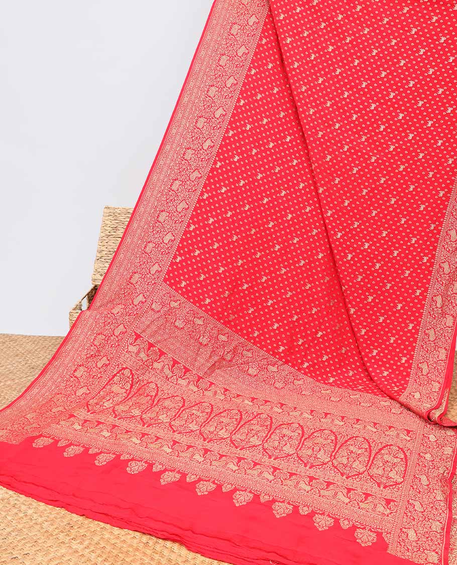 Red floral motifs banaras silk saree with self zari design border & intricate floral zari design pallu