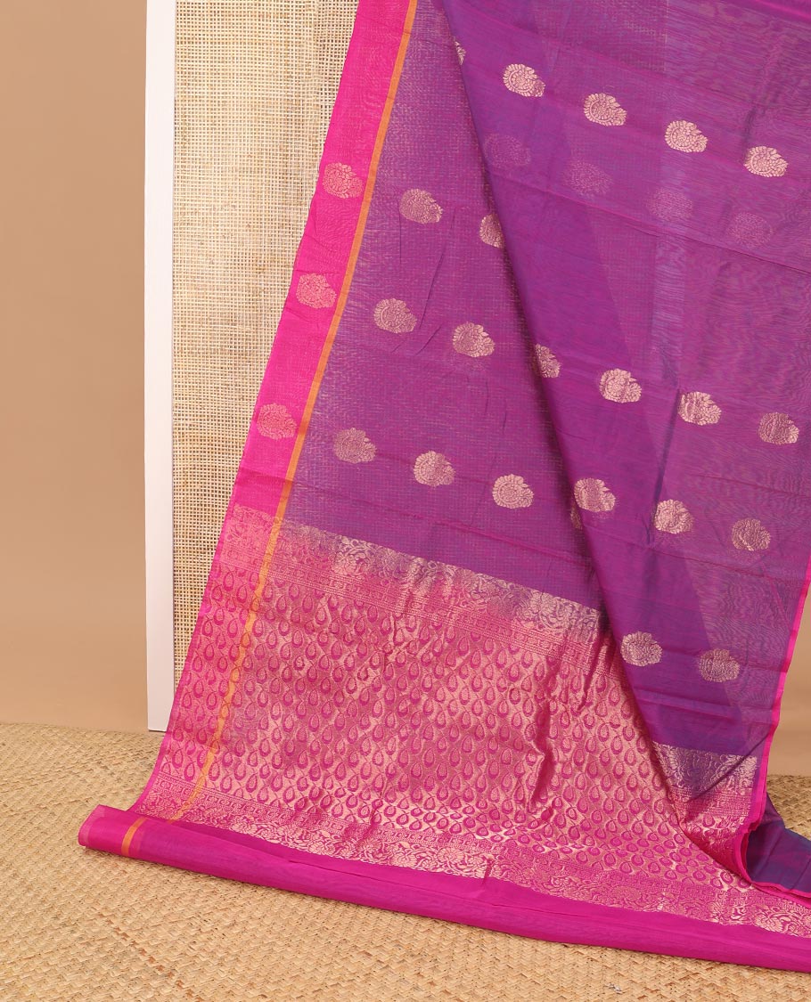 Purple motifs silk cotton saree with contrast zari design border & floral jaal design pallu