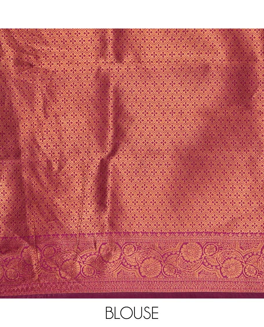 Borderless gold-purple zari buttas & half-&-half vanasingari-style flora-fauna woven kanchi silksaree,self-pallu & blue blouse of zari brocade