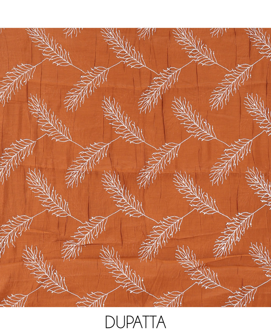 Dusky Brown Mul Chanderi Material Churidar Set, V-Neck Thread Embroidered Top, a Matching Bottom, a Thread Leaf Embroidered Dupatta
