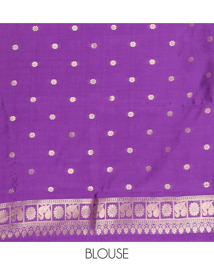 Borderless violet peacock, chakra, and pichwai cow buttas zari woven kanchi silk saree, peacock and chakra enclosed checked pallu, and matching blouse