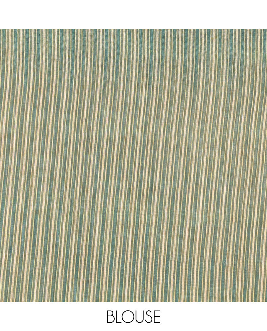 Yellow small thread buttas linen cotton saree, contrast temple zari piping border, striped pallu and a contrast blouse