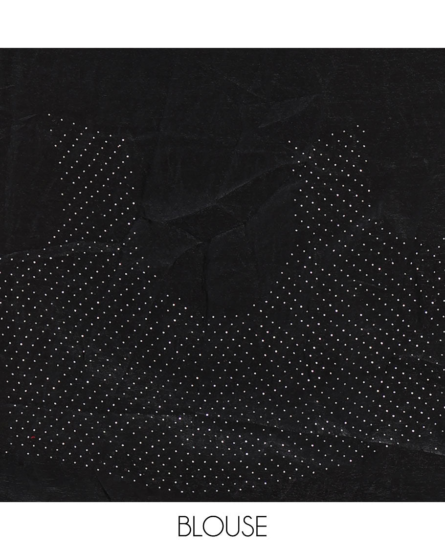 Black full-plain fendy chiffon saree, scallop swarovski stone work geometric border and contrast plain blouse
