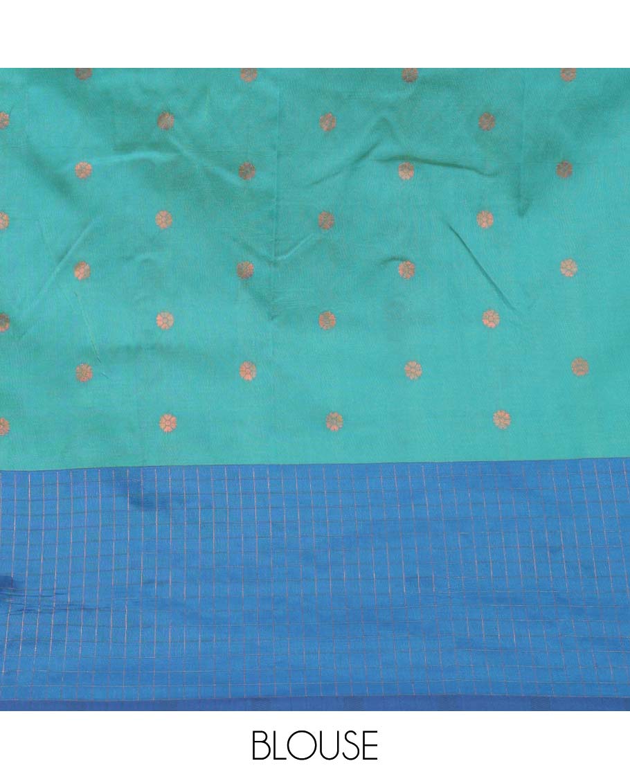 Rama with blue star zari butta soft cotton saree with contrast small checks border & rich weaving pallu along with butta design blouse