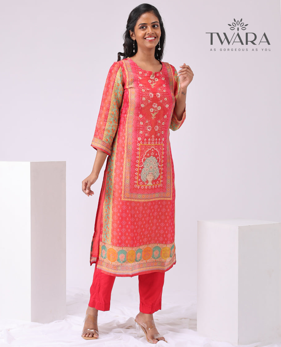 Twara crimson red floral design round neck 3/4 sleeve below knee length kurti