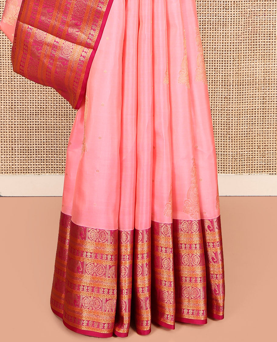 Pink Vasundhara Lite Silk Mix Saree, Featuring Zari Buttas, Contrast Border of Chakram, Yaanai, Neli, Kathir, and Kamalam, Vanki Pallu, and a Contrast Blouse