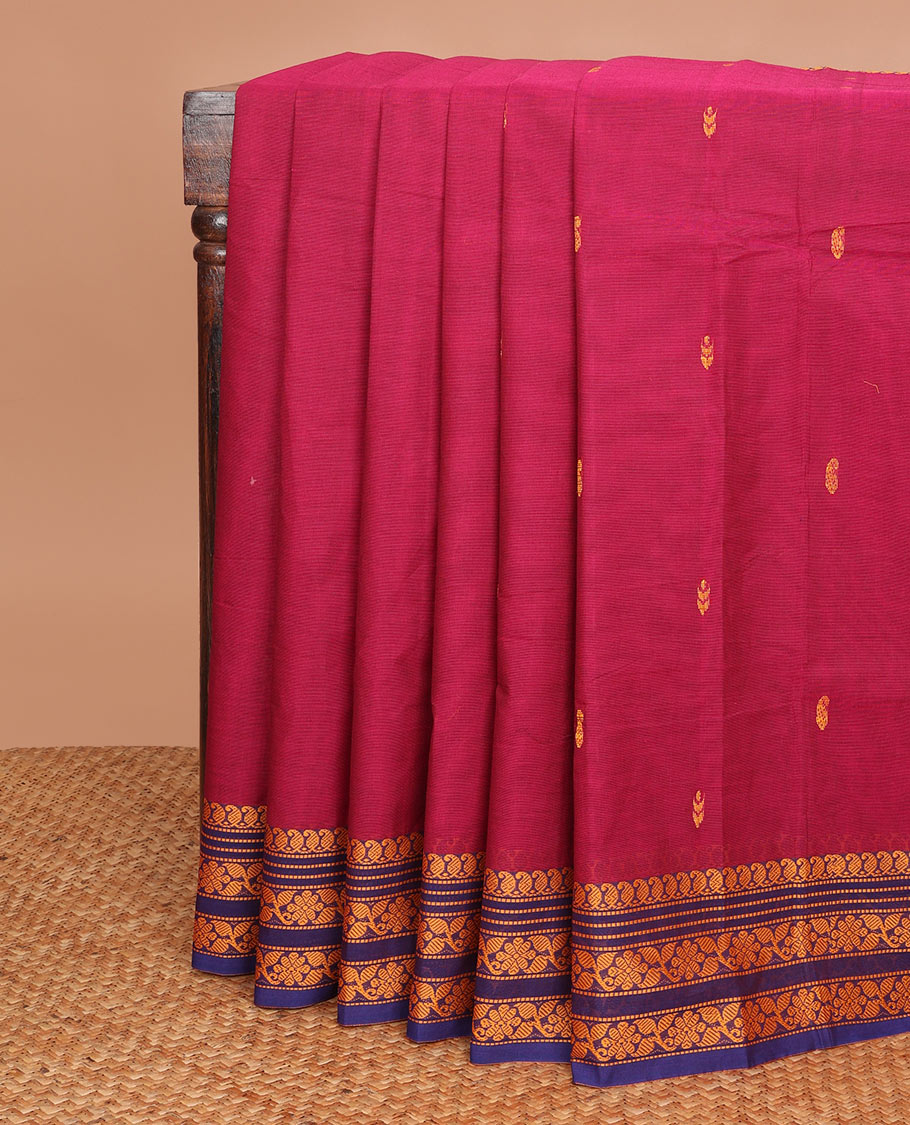 Maroon buttas Chettinad cotton saree, contrast thread-woven border of paisleys & floral design & pallu of buttas & stripes