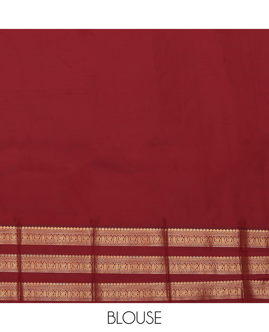 Green Budget Silk Saree, Highlighted by Zari Buttas, a Contrast Traditional Zari Border, Grand Pallu, and a Contrast Blouse