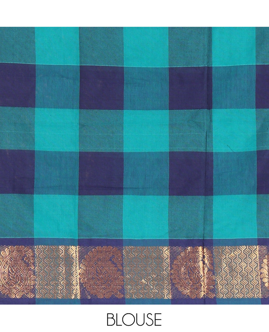Rama-Navy Chettinad Cotton Half Saree Features Checked Skirt, a Paisley-Jaal Border, Matching Blouse, Contrast Dhavani