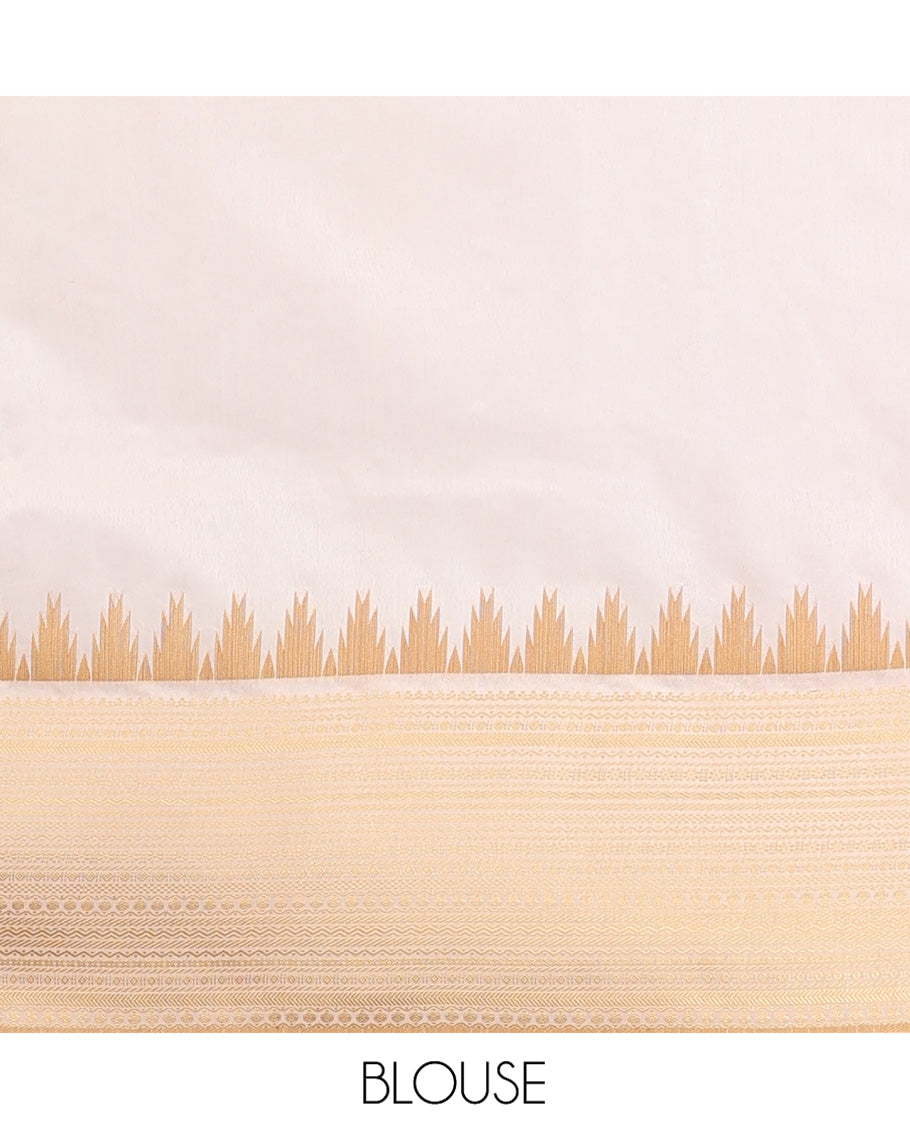 Rust Dupion Silk Saree, Decked Up with Zari Buttas All Over Its Body, Complemented by a Contrast Temple Traditional Zari Design Woven Border, Traditional Pallu of Temple Designs, and Paired with a Contrast Blouse